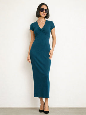 Teal Rib Front Twisted Midi Dress-SASSAFRAS