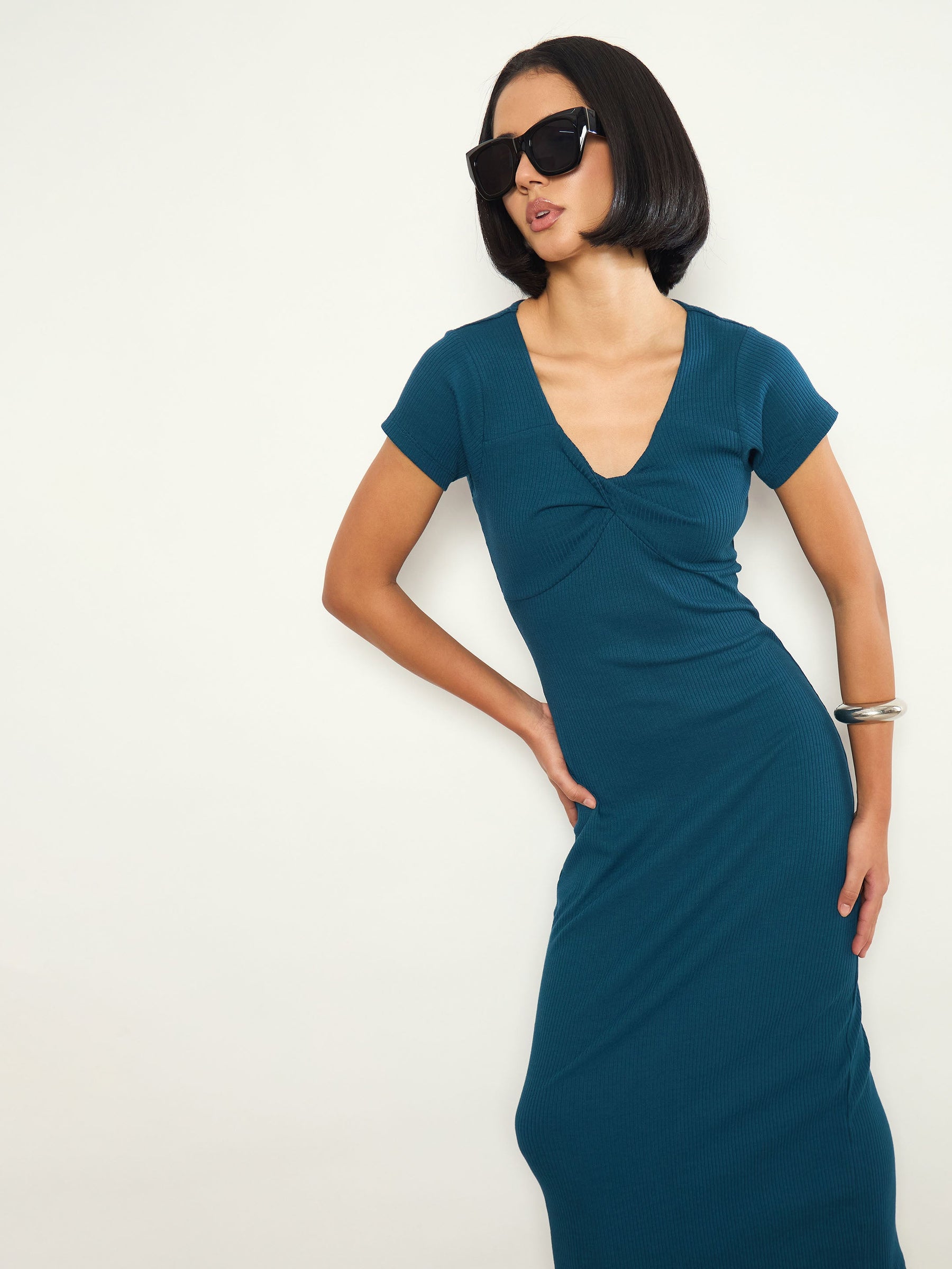 Teal Rib Front Twisted Midi Dress-SASSAFRAS