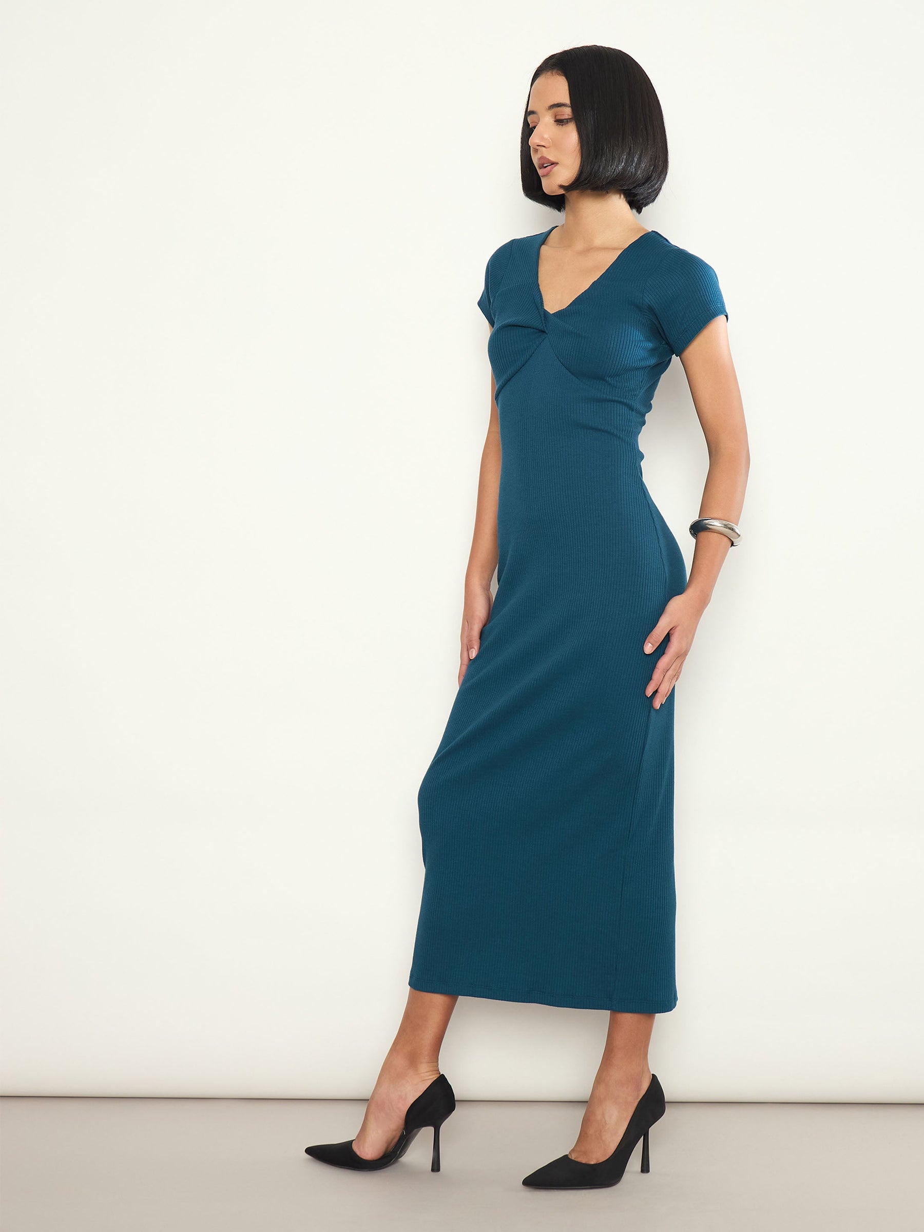 Teal Rib Front Twisted Midi Dress-SASSAFRAS
