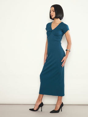 Teal Rib Front Twisted Midi Dress-SASSAFRAS