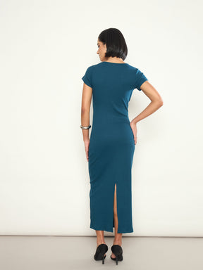 Teal Rib Front Twisted Midi Dress-SASSAFRAS