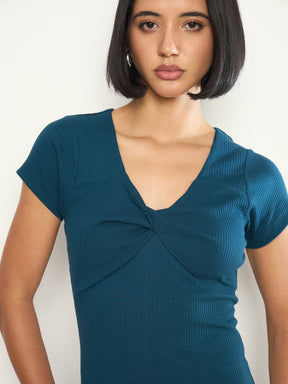 Teal Rib Front Twisted Midi Dress-SASSAFRAS