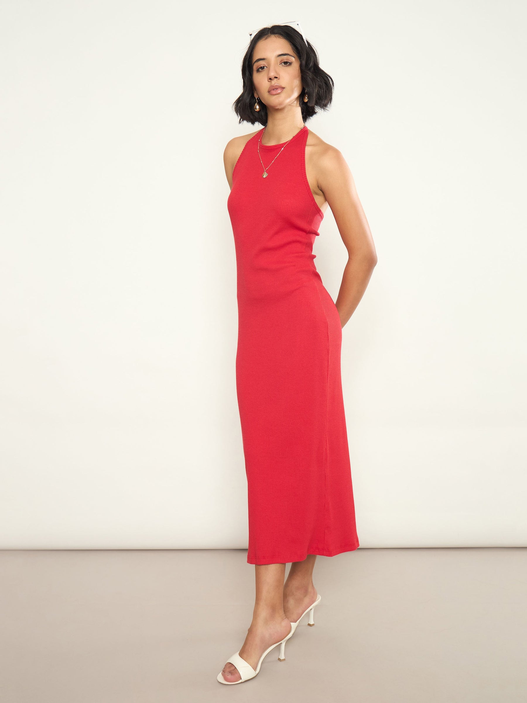 Red Rib Halter Neck Bodycon Midi Dress-SASSAFRAS 