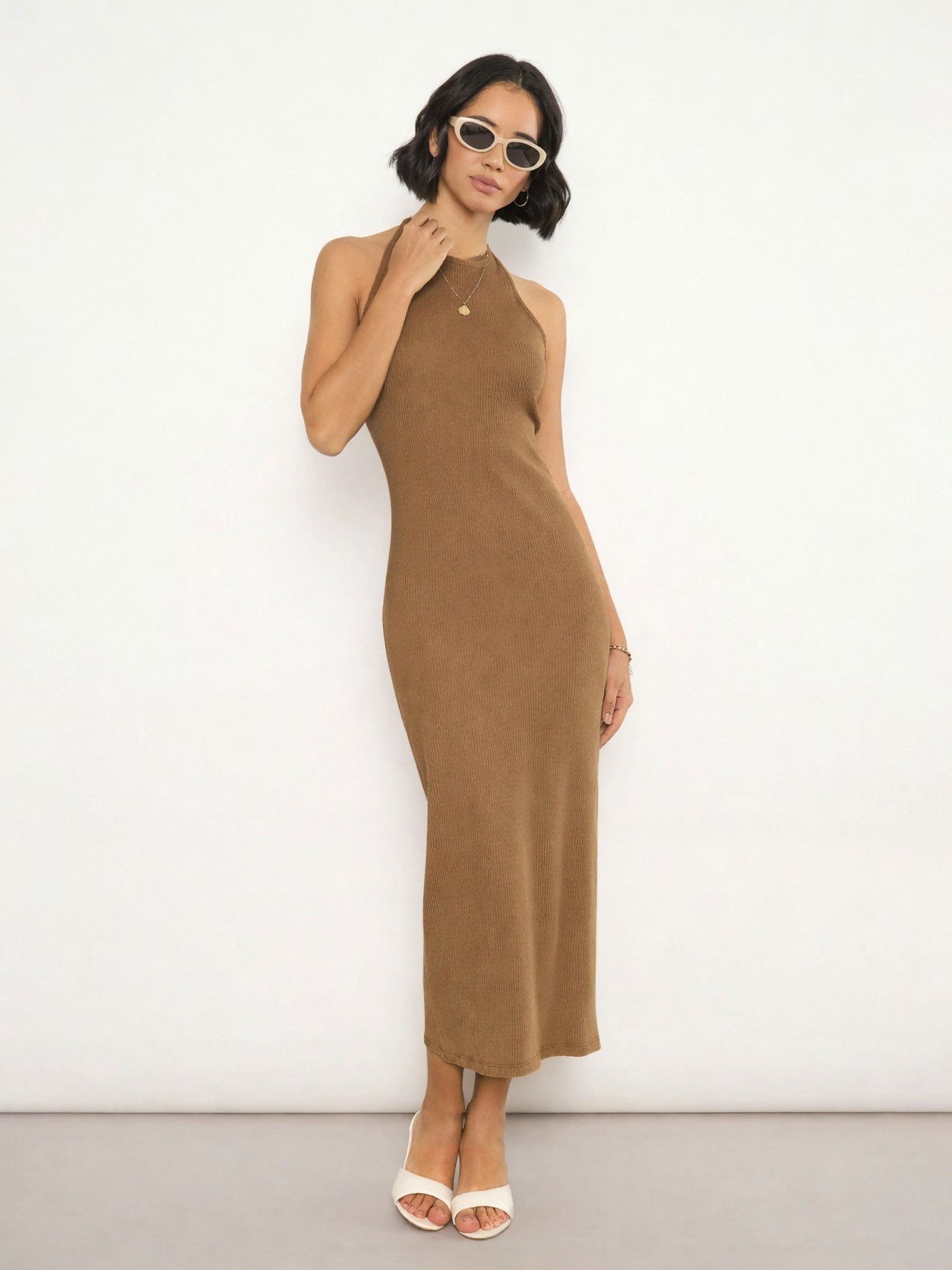 Women Tan Rib Halter Neck Bodycon Midi Dress