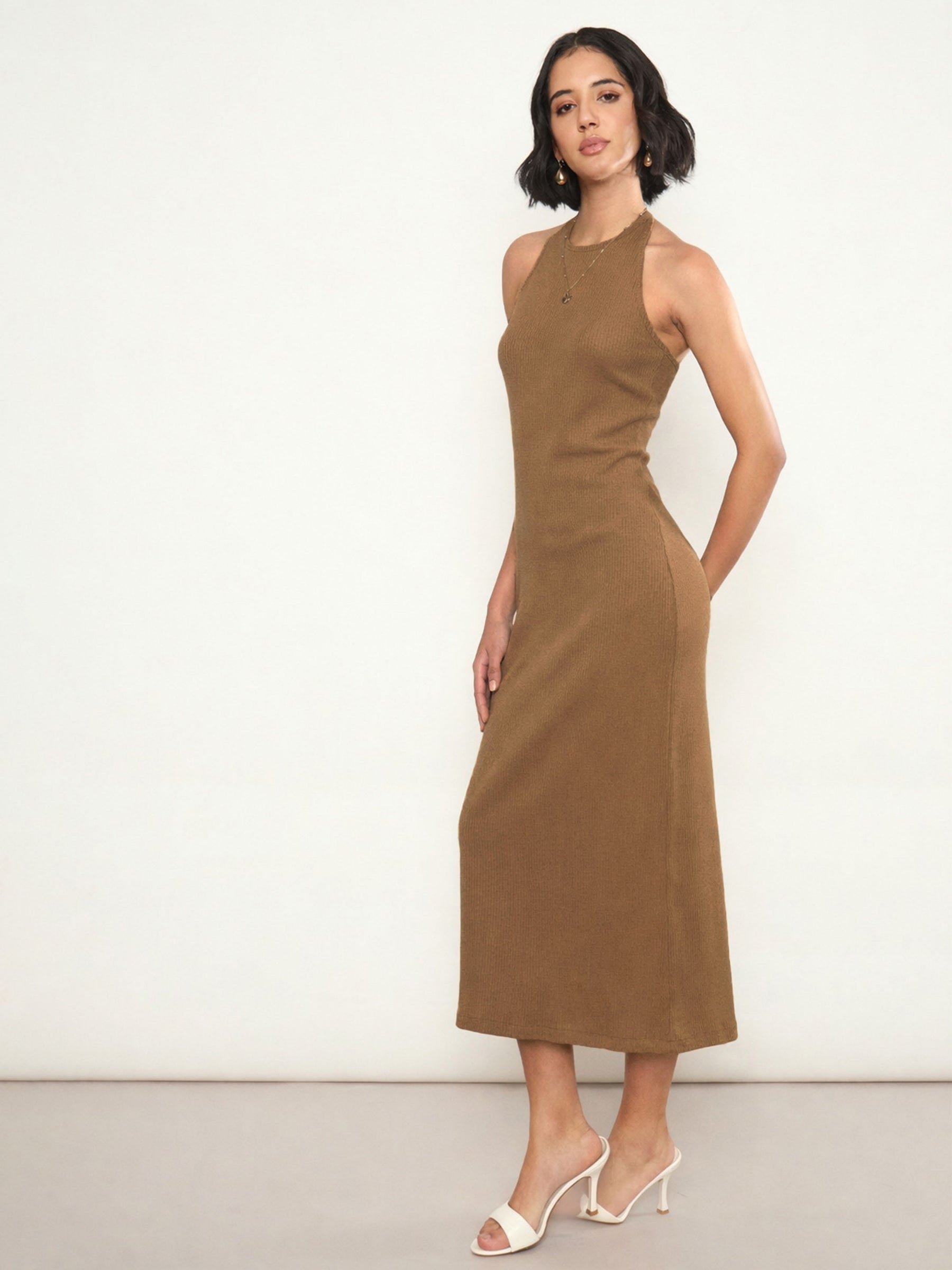 Women Tan Rib Halter Neck Bodycon Midi Dress