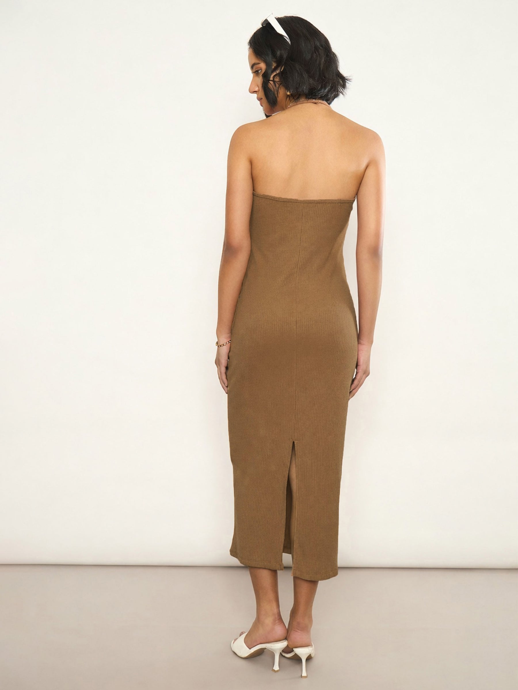 Women Tan Rib Halter Neck Bodycon Midi Dress