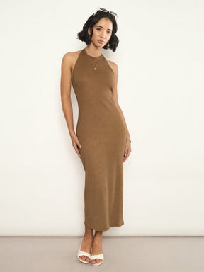 Women Tan Rib Halter Neck Bodycon Midi Dress