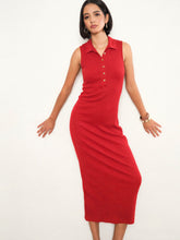 Red Rib Sleeveless Polo Collar Neck Midi Dress-SASSAFRAS 