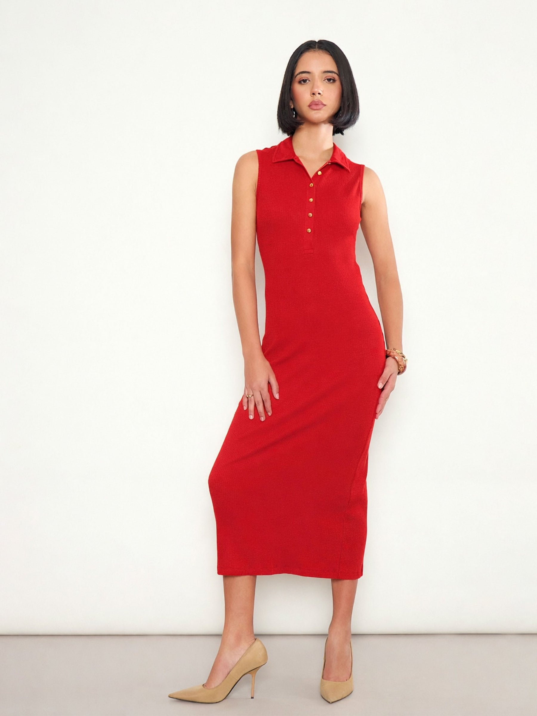 Red Rib Sleeveless Polo Collar Neck Midi Dress-SASSAFRAS 