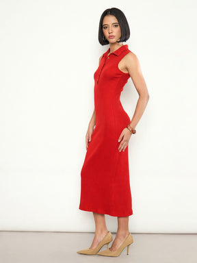 Red Rib Sleeveless Polo Collar Neck Midi Dress-SASSAFRAS 