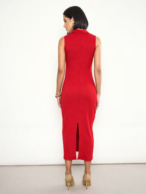 Red Rib Sleeveless Polo Collar Neck Midi Dress-SASSAFRAS 