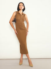 Tan Rib Sleeveless Polo Collar Neck Midi Dress-SASSAFRAS 