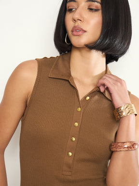 Tan Rib Sleeveless Polo Collar Neck Midi Dress-SASSAFRAS 