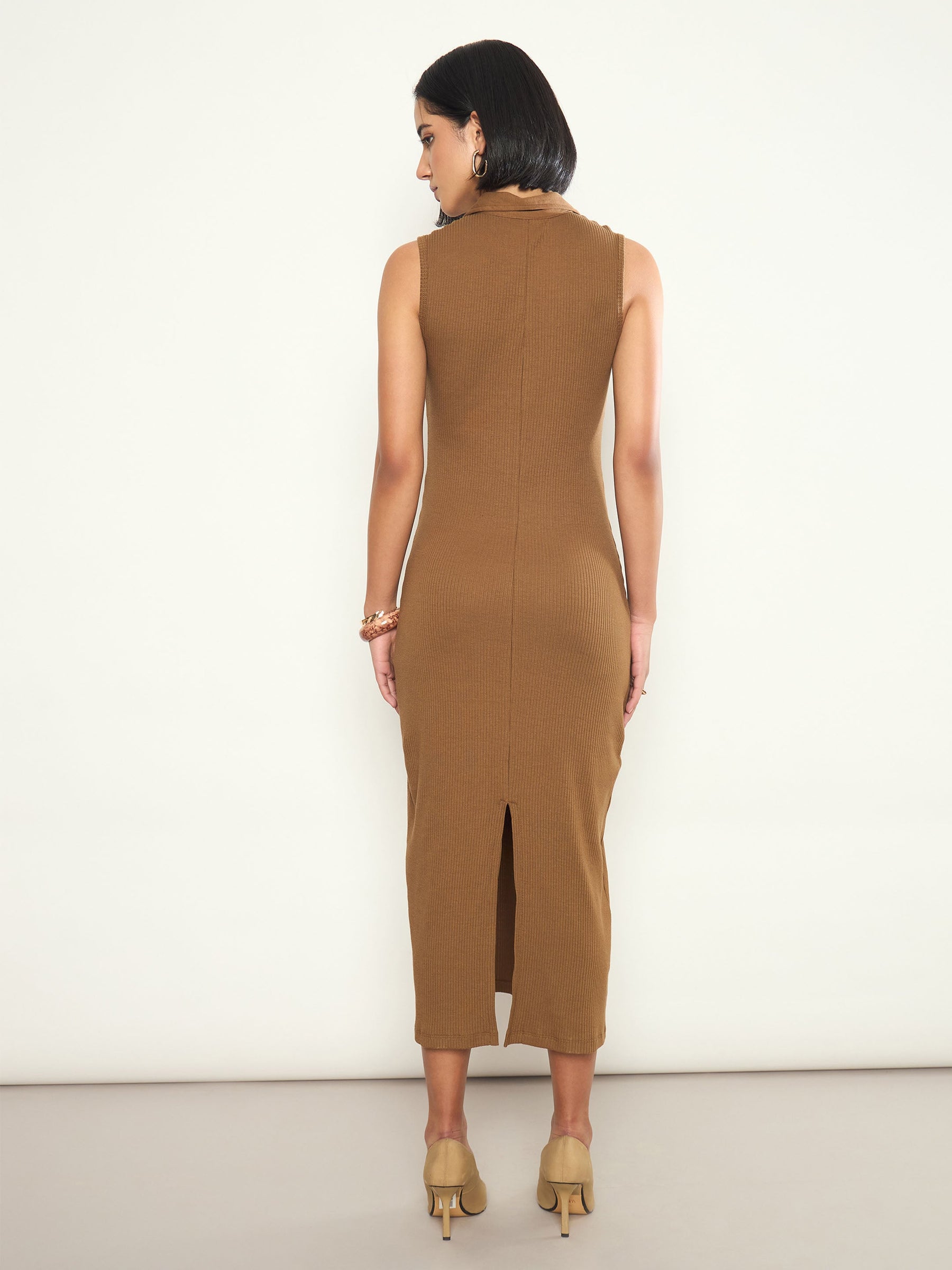 Tan Rib Sleeveless Polo Collar Neck Midi Dress-SASSAFRAS 