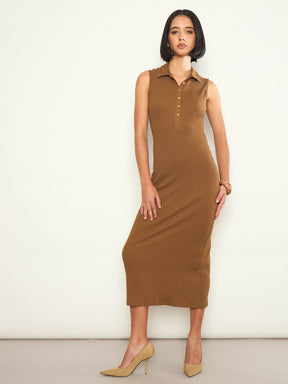 Tan Rib Sleeveless Polo Collar Neck Midi Dress-SASSAFRAS 