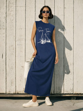 Navy SAINT-TROPEZ Print Sleeveless T-Shirt Dress-SASSAFRAS 