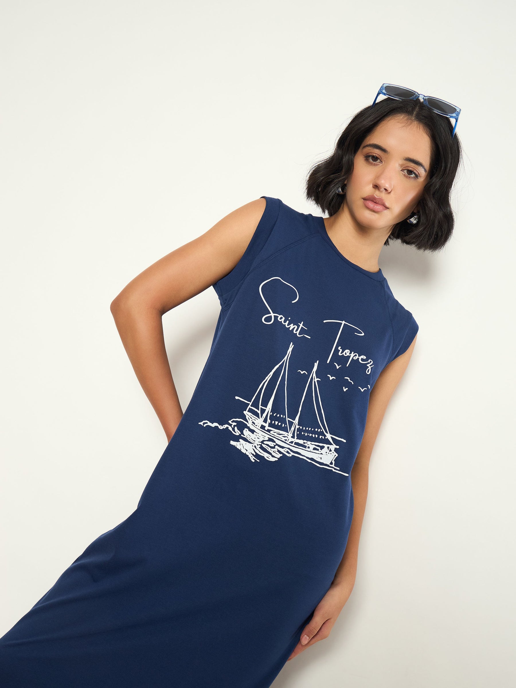 Navy SAINT-TROPEZ Print Sleeveless T-Shirt Dress-SASSAFRAS 