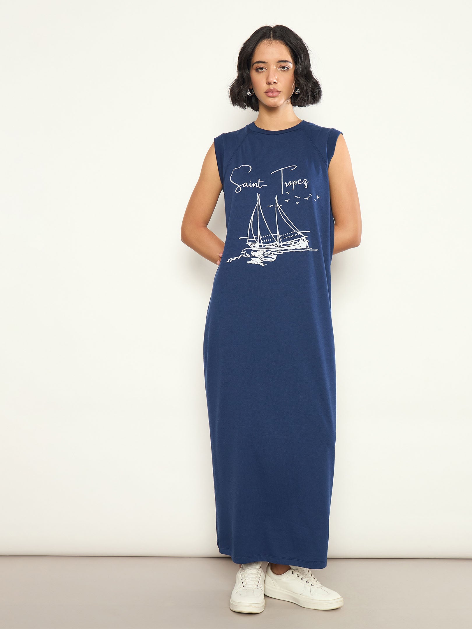 Navy SAINT-TROPEZ Print Sleeveless T-Shirt Dress-SASSAFRAS 