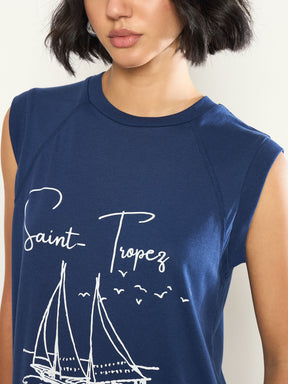 Navy SAINT-TROPEZ Print Sleeveless T-Shirt Dress-SASSAFRAS 