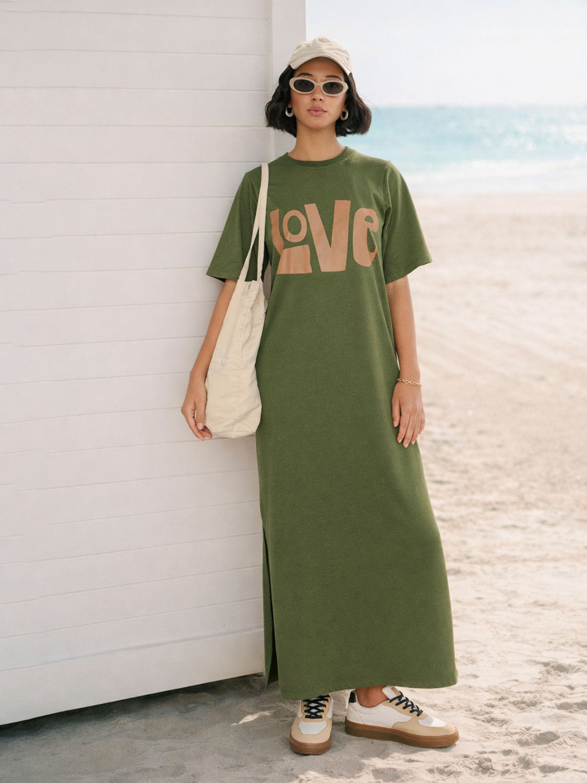 Olive LOVE Print Oversized T-Shirt Dress-SASSAFRAS 