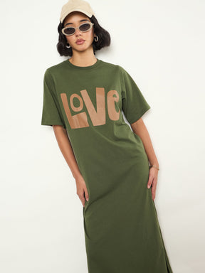 Olive LOVE Print Oversized T-Shirt Dress-SASSAFRAS 