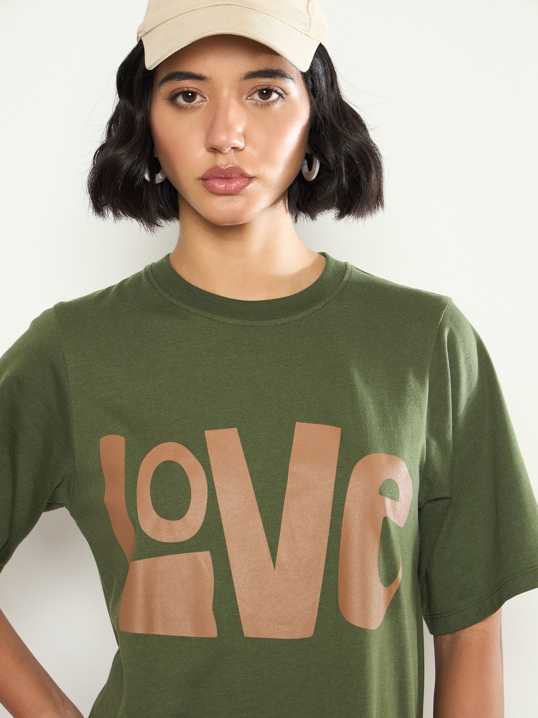 Olive LOVE Print Oversized T-Shirt Dress-SASSAFRAS 