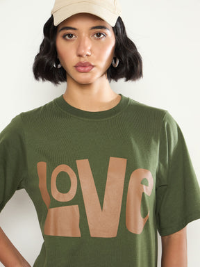 Olive LOVE Print Oversized T-Shirt Dress-SASSAFRAS 
