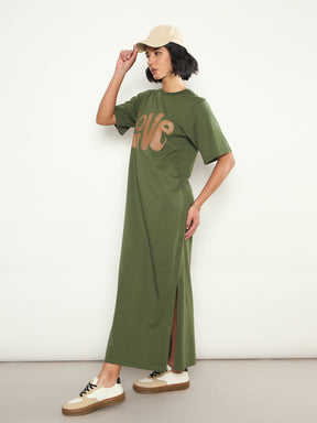 Olive LOVE Print Oversized T-Shirt Dress-SASSAFRAS 
