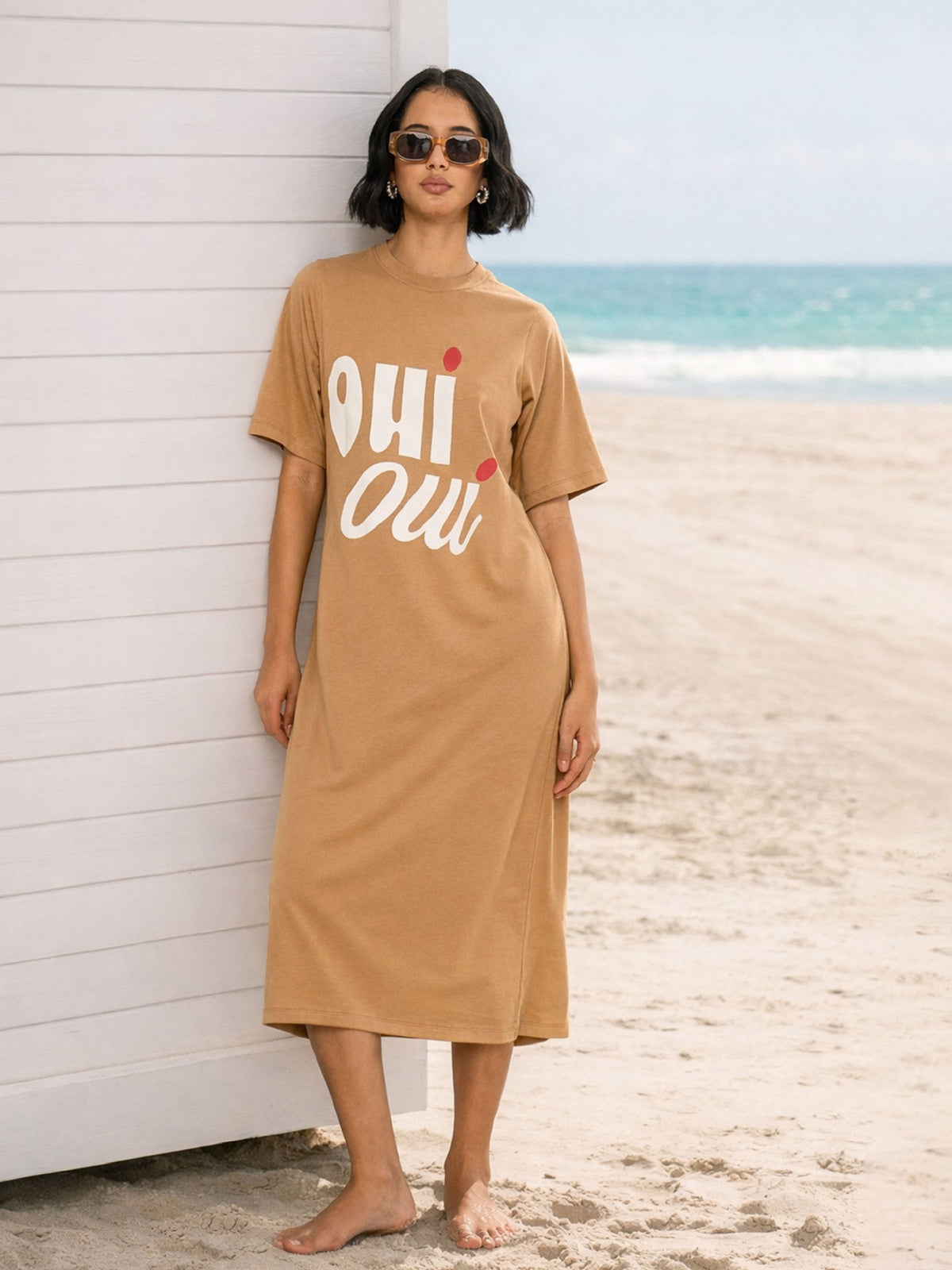 Tan OHI OUI Print Oversized T-Shirt Dress-SASSAFRAS 