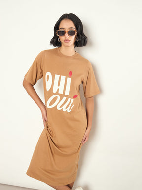 Tan OHI OUI Print Oversized T-Shirt Dress-SASSAFRAS 