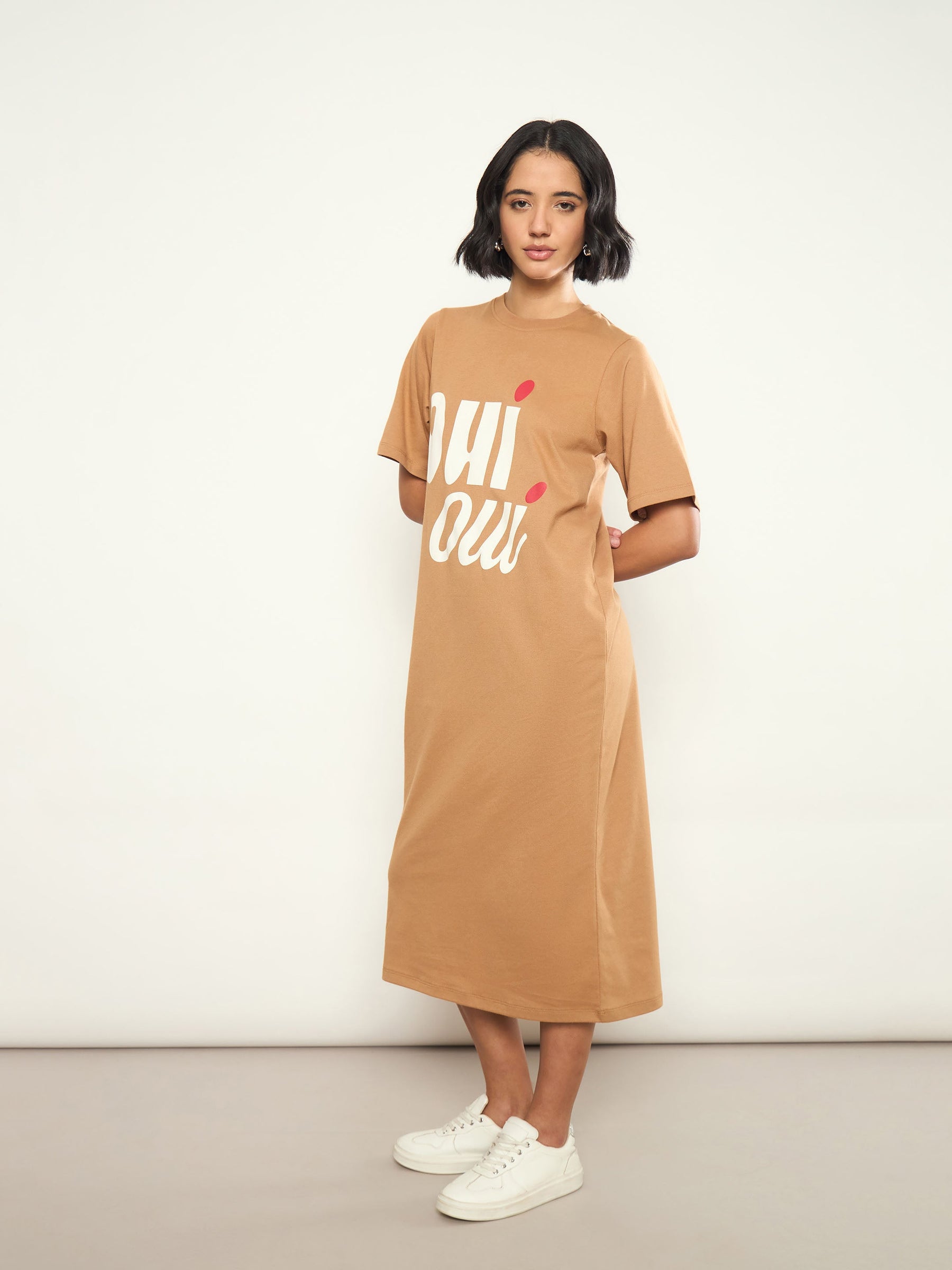 Tan OHI OUI Print Oversized T-Shirt Dress-SASSAFRAS 