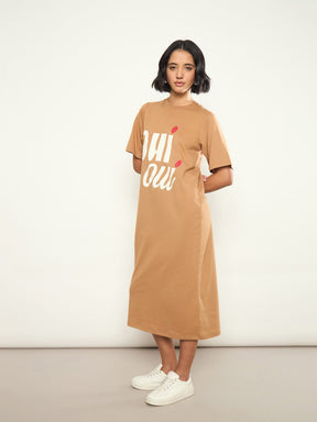 Tan OHI OUI Print Oversized T-Shirt Dress-SASSAFRAS 