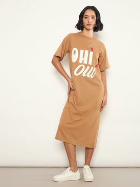 Tan OHI OUI Print Oversized T-Shirt Dress-SASSAFRAS 