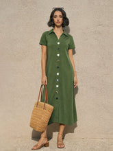 Olive Multi Design Button Down Midi Dress-SASSAFRAS 