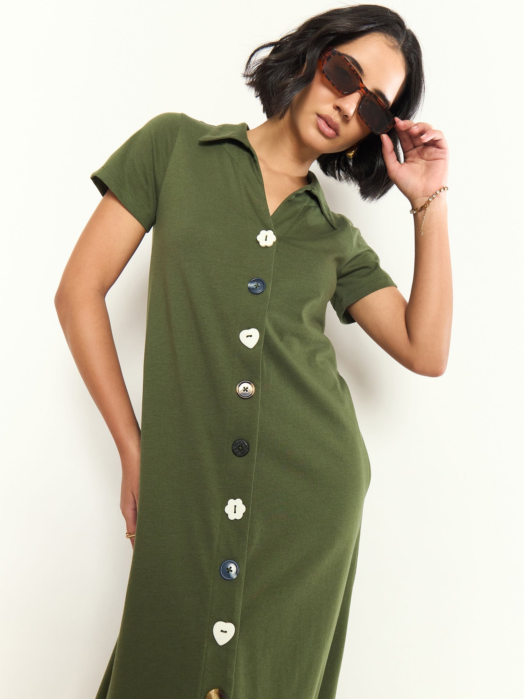 Olive Multi Design Button Down Midi Dress-SASSAFRAS 