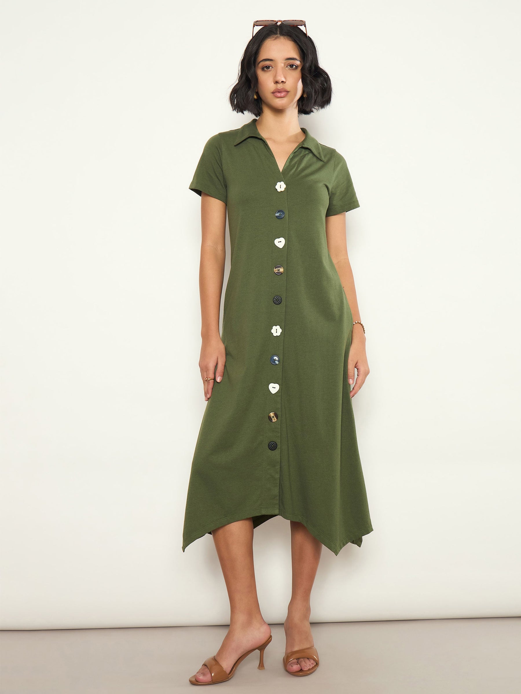 Olive Multi Design Button Down Midi Dress-SASSAFRAS 
