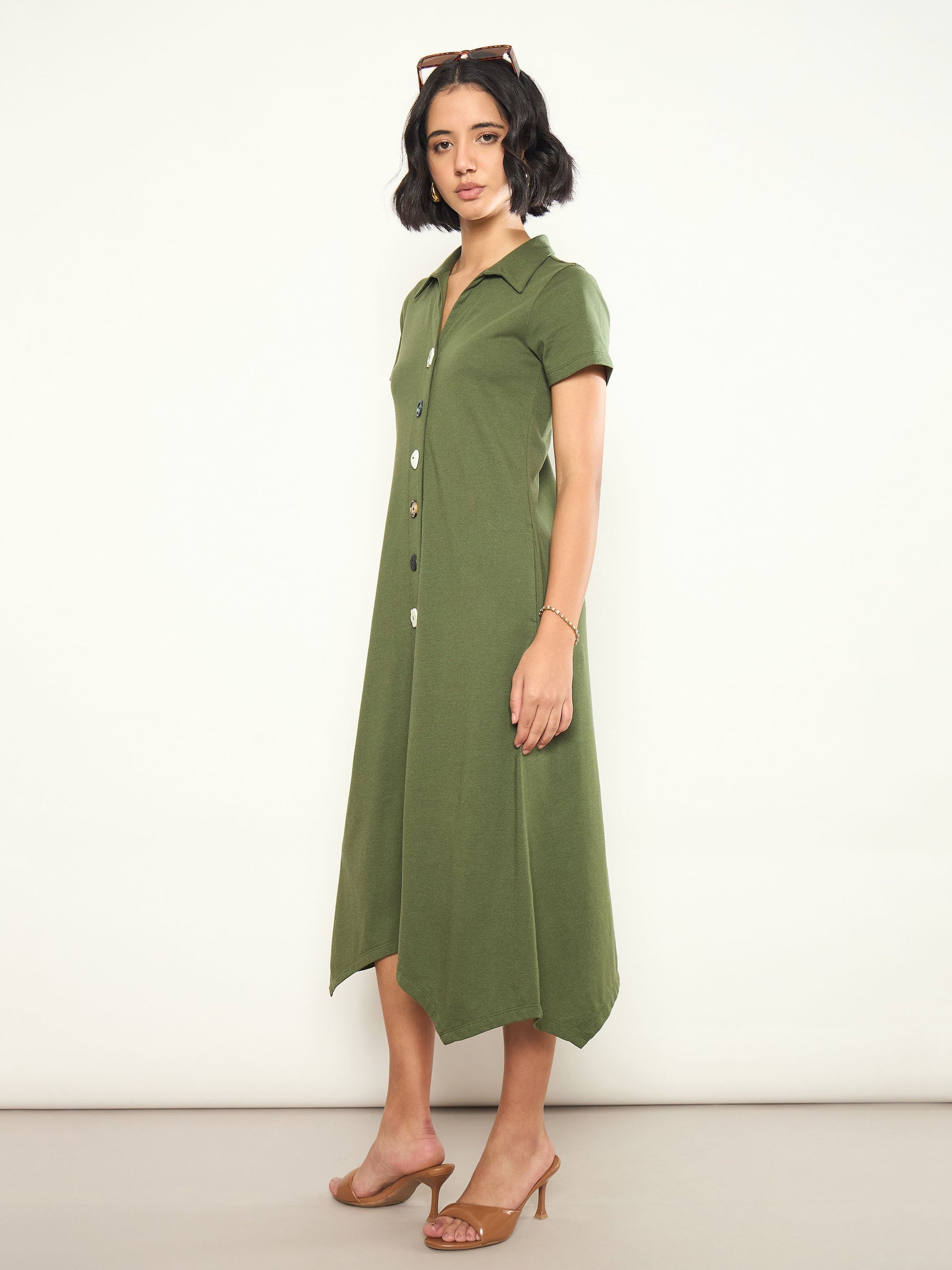 Olive Multi Design Button Down Midi Dress-SASSAFRAS 