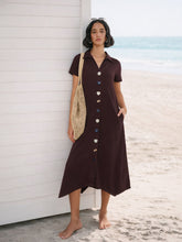 Coffee Brown Multi Design Button Down Midi Dress-SASSAFRAS 