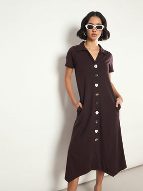 Coffee Brown Multi Design Button Down Midi Dress-SASSAFRAS 
