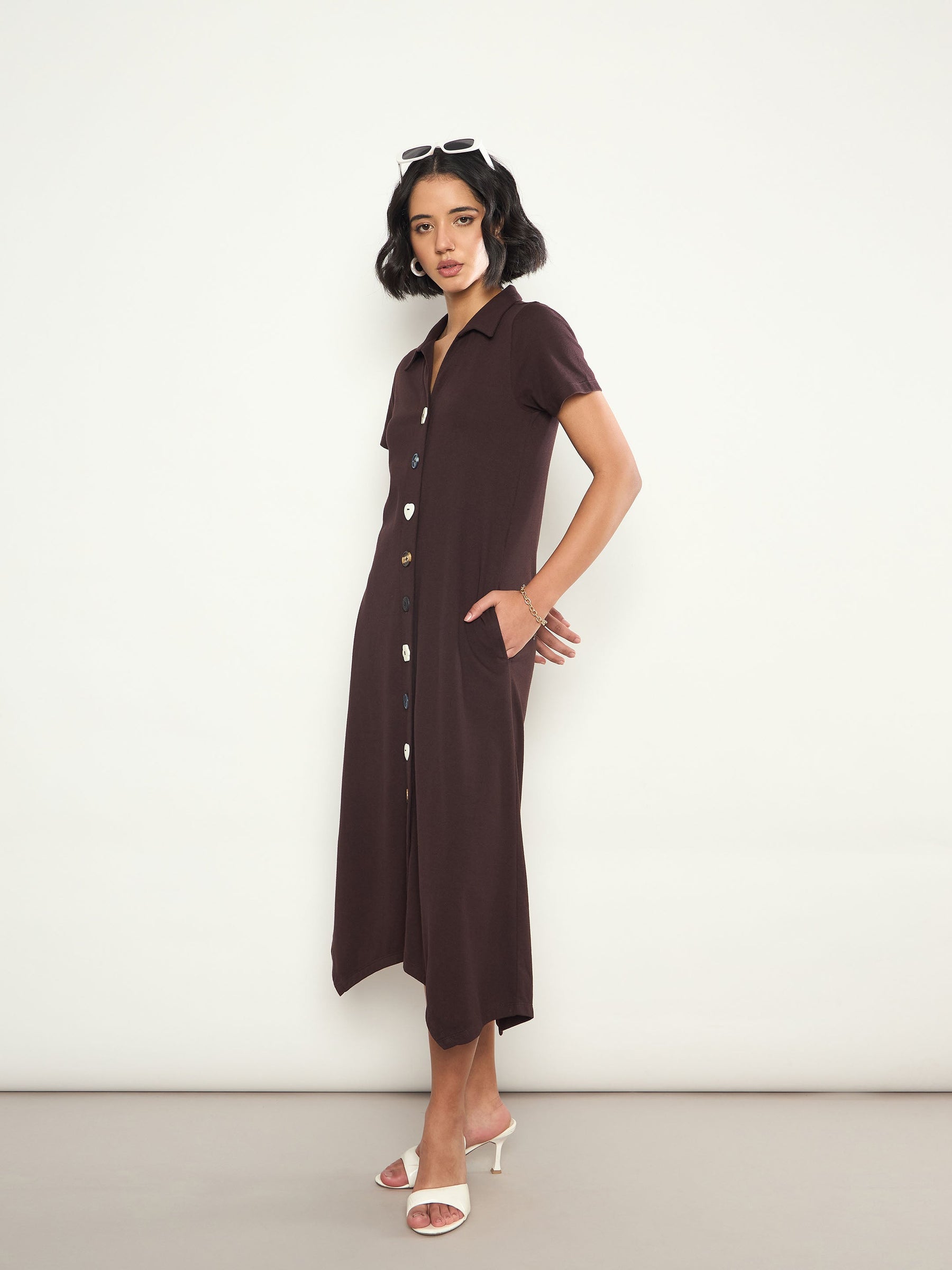 Coffee Brown Multi Design Button Down Midi Dress-SASSAFRAS 