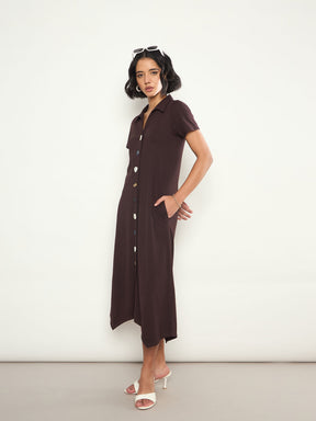 Coffee Brown Multi Design Button Down Midi Dress-SASSAFRAS 