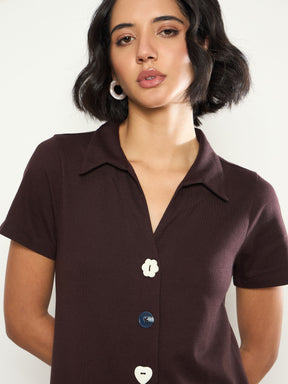 Coffee Brown Multi Design Button Down Midi Dress-SASSAFRAS 