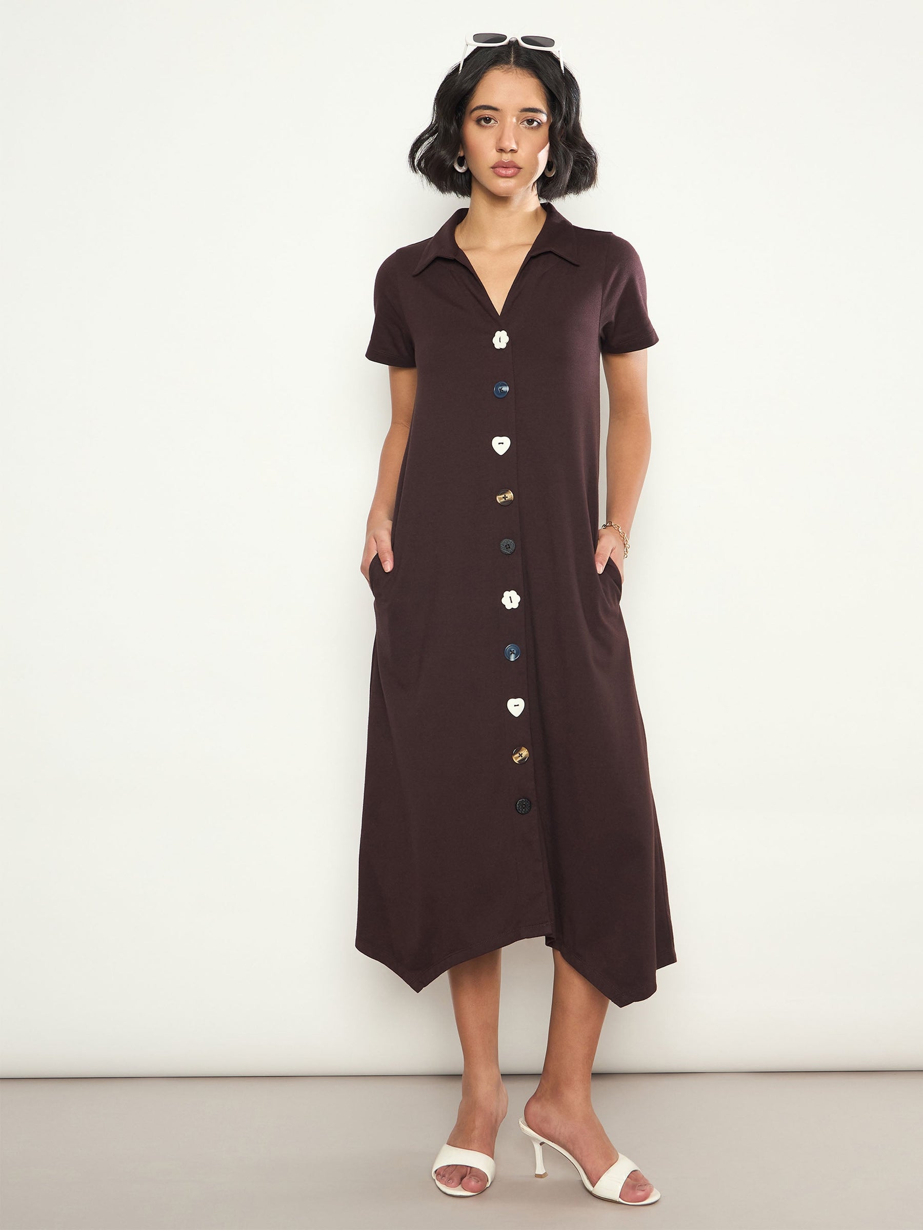 Coffee Brown Multi Design Button Down Midi Dress-SASSAFRAS 