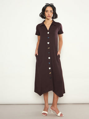 Coffee Brown Multi Design Button Down Midi Dress-SASSAFRAS 