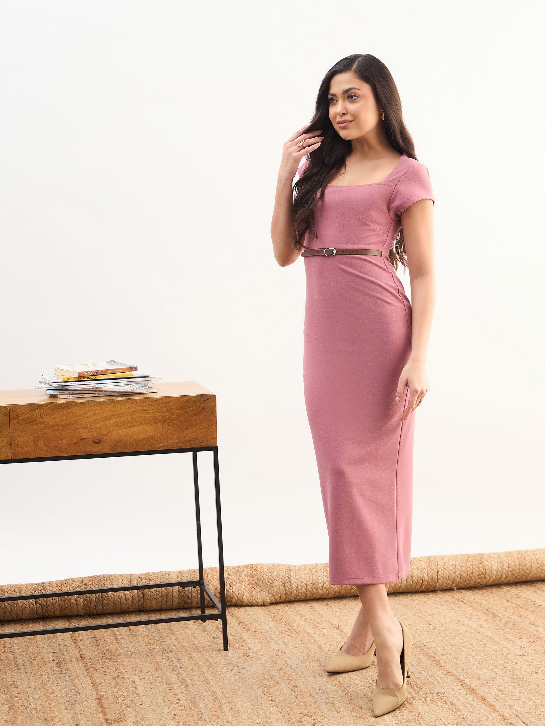 Pink Rhombus Neck Belted Bodycon Midi Dress-SASSAFRAS worklyf