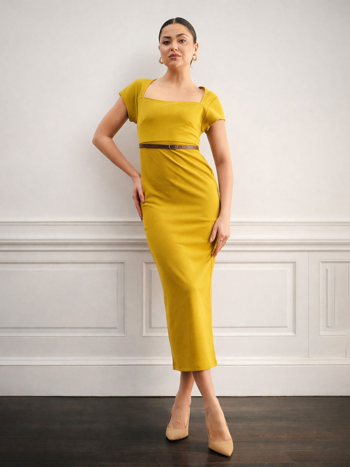 Lemon Rhombus Neck Belted Bodycon Midi Dress-SASSAFRAS worklyf