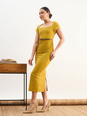 Lemon Rhombus Neck Belted Bodycon Midi Dress-SASSAFRAS worklyf