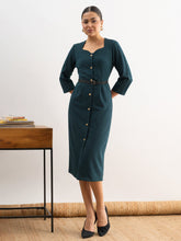 Emerald Green Sweetheart Neck Midi Dress With PU Belt-SASSAFRAS worklyf