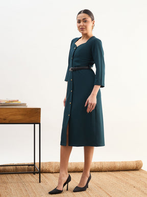 Emerald Green Sweetheart Neck Midi Dress With PU Belt-SASSAFRAS worklyf