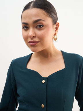 Emerald Green Sweetheart Neck Midi Dress With PU Belt-SASSAFRAS worklyf